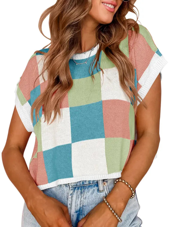 Color Block Cap Sleeve Summer Knit Top