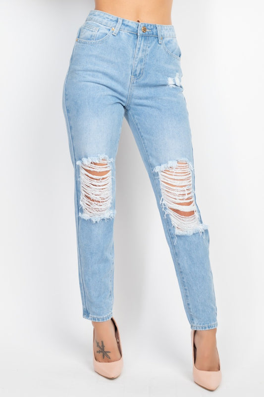 High Rise Destroyed Denim Jeans