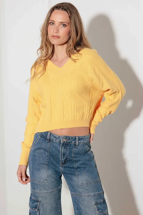 Yellow V-Neck Cable Pattern Crop Sweater