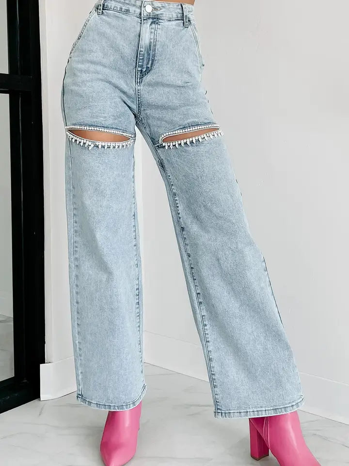 Wide-Leg Cut Out Rhinestone High Waist Jeans