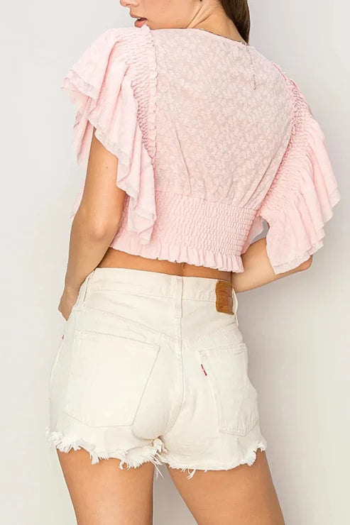 Short Ruffle Sleeve Front Button Smocked Lace Crop Top