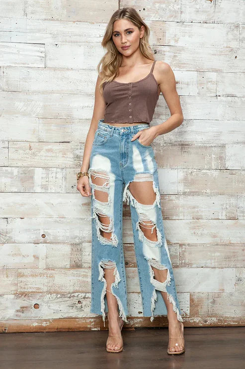 High Waisted Bleached Heavily Distressed Wide Leg Jeans