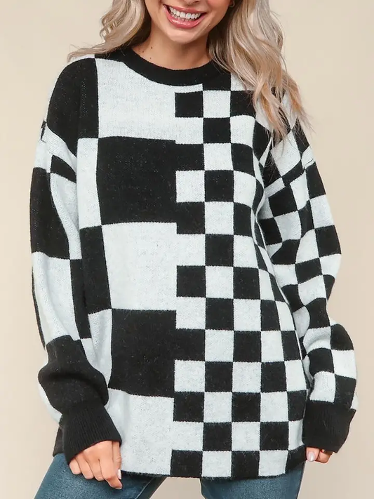 Multi Checker Pattern Long Sleeve Pullover Sweater