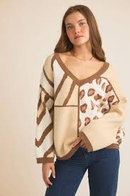 Oversize Cream Leopard and Zebra V Neck Sweater