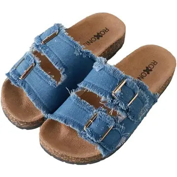 Women's Blue Comfort Flat Sandals Double Buckle Adjustable Straps